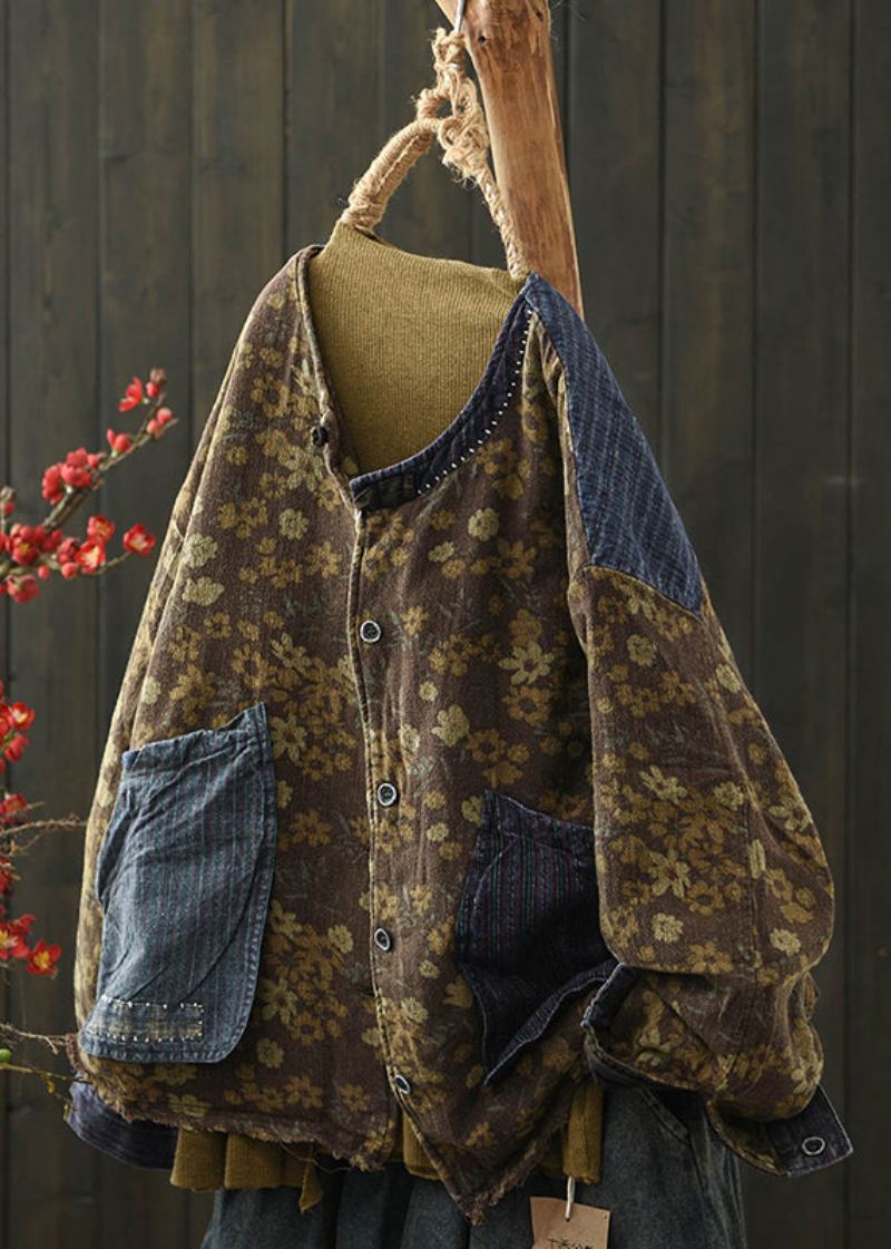 Boho Café Imprimé Poches Denim Patchwork Fin Coton Rempli Veste Hiver