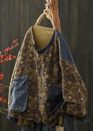 Boho Café Imprimé Poches Denim Patchwork Fin Coton Rempli Veste Hiver