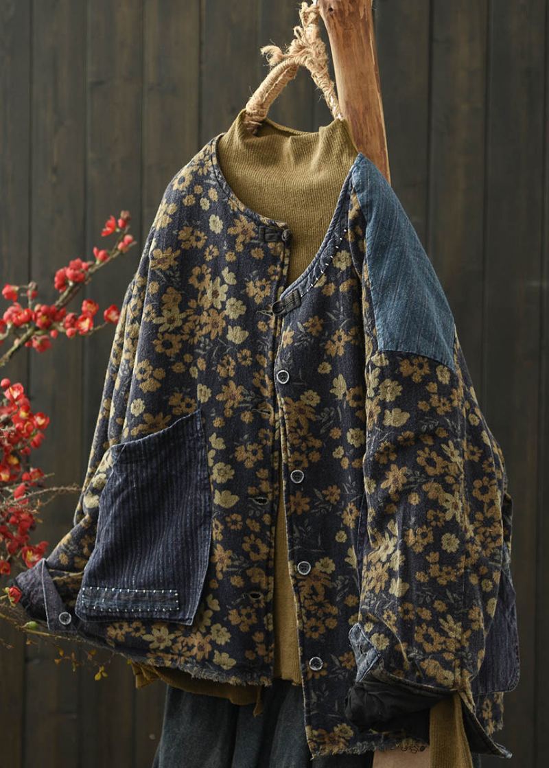 Boho Café Imprimé Poches Denim Patchwork Fin Coton Rempli Veste Hiver - Doudounes femmes