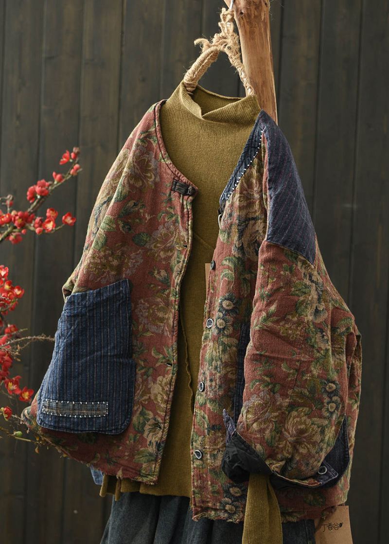 Boho Café Imprimé Poches Denim Patchwork Fin Coton Rempli Veste Hiver - Doudounes femmes