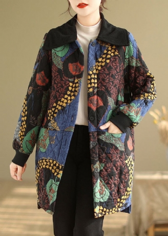 Boho Floral Poches Épais Chaud Fin Coton Rempli Manteau Hiver