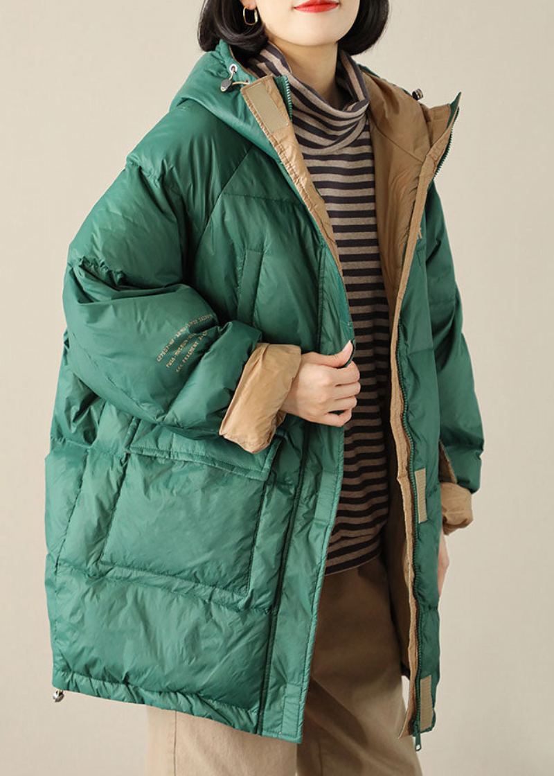 Boho Green Zippé Graphic Loose Winter Duck Down Puffer