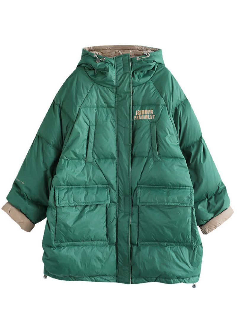 Boho Green Zippé Graphic Loose Winter Duck Down Puffer - Blanc