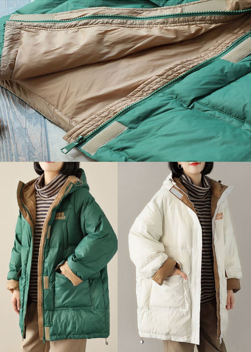 Boho Green Zippé Graphic Loose Winter Duck Down Puffer - Blanc