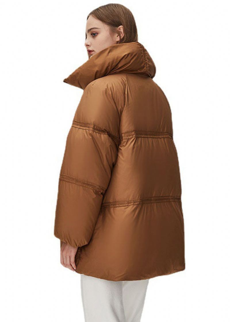 Boho Marron Col Montant Fermeture Éclair Épais Duvet De Canard Doudoune Hiver - Doudounes femmes