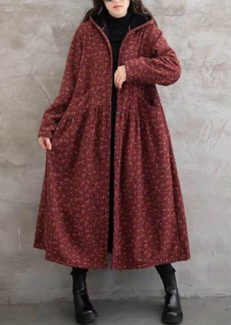 Boho Rouge Imprimé Poches Patchwork Chaud Polaire À Capuche Trench Hiver