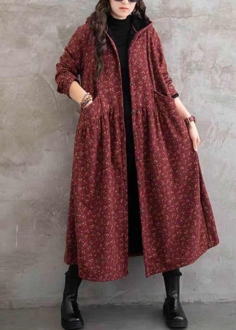 Boho Rouge Imprimé Poches Patchwork Chaud Polaire À Capuche Trench Hiver - Doudounes femmes