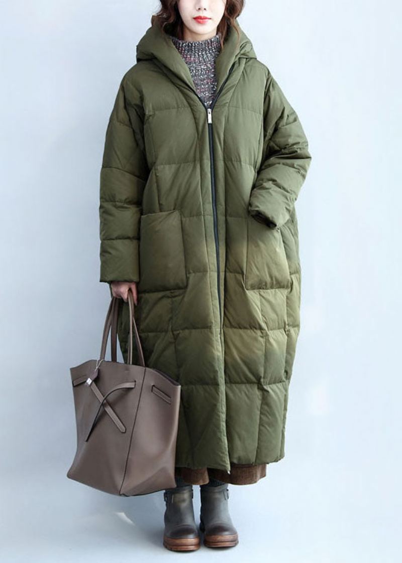 Boutique Armée Vert À Capuche Poches Zippées Duvet De Canard Manteau D'hiver