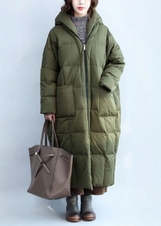 Boutique Armée Vert À Capuche Poches Zippées Duvet De Canard Manteau D'hiver