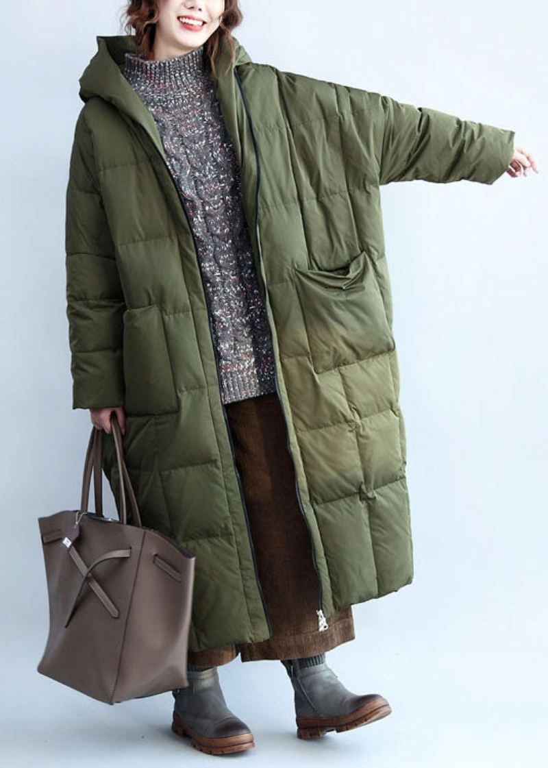 Boutique Armée Vert À Capuche Poches Zippées Duvet De Canard Manteau D'hiver - Doudounes femmes