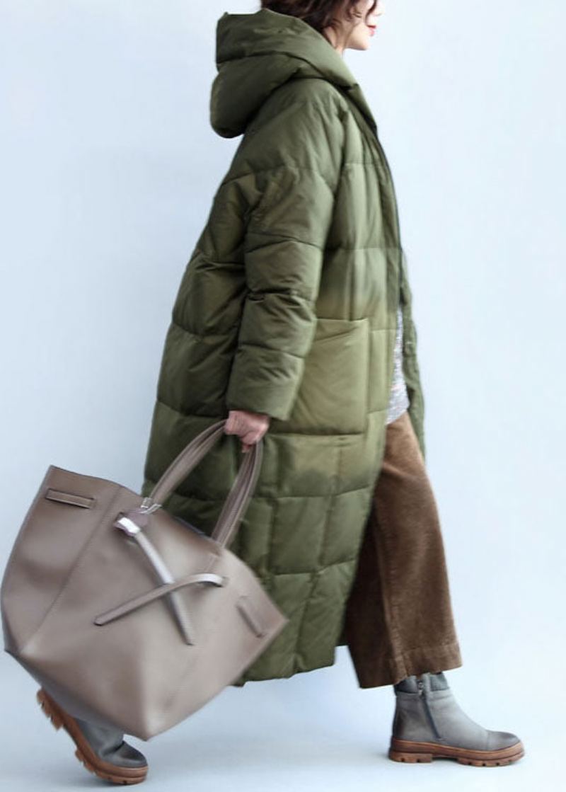 Boutique Armée Vert À Capuche Poches Zippées Duvet De Canard Manteau D'hiver - Doudounes femmes