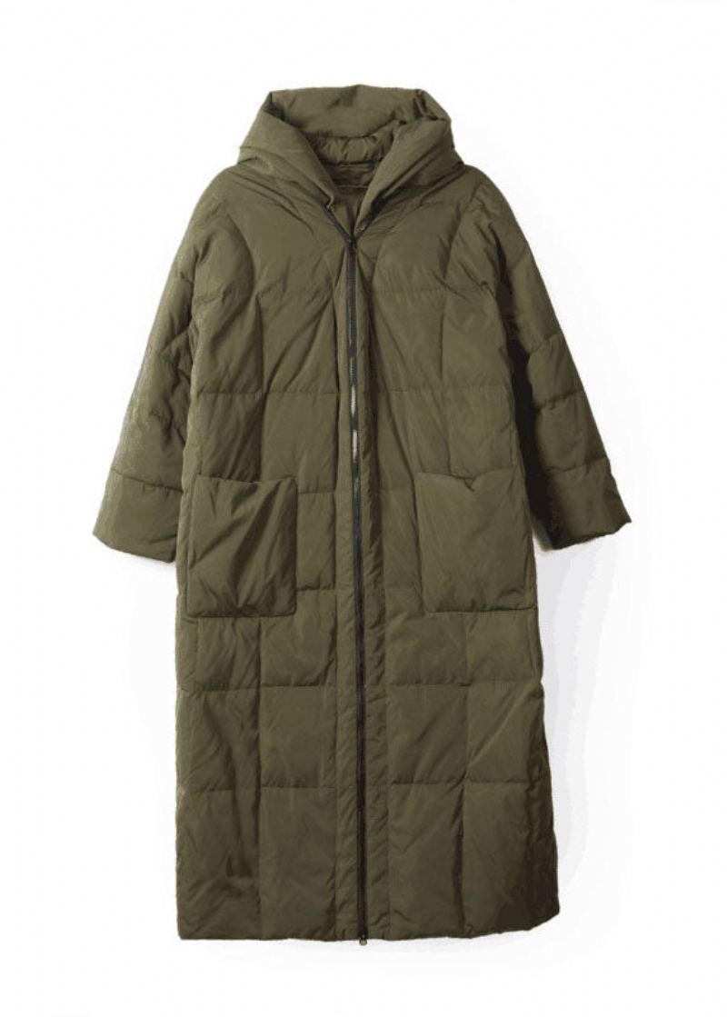 Boutique Armée Vert À Capuche Poches Zippées Duvet De Canard Manteau D'hiver - Doudounes femmes