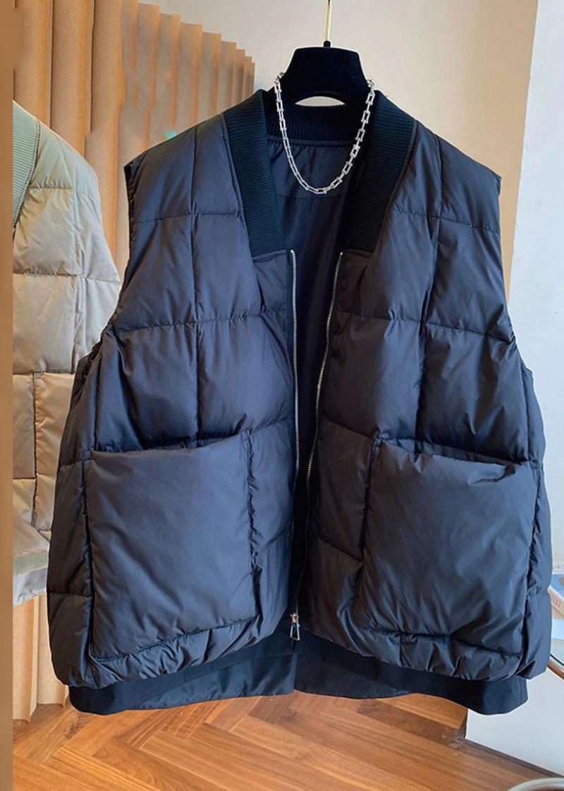 Boutique Gilet En Duvet De Canard Noir Avec Col En V Et Fermeture Éclair Sans Manches - Noir