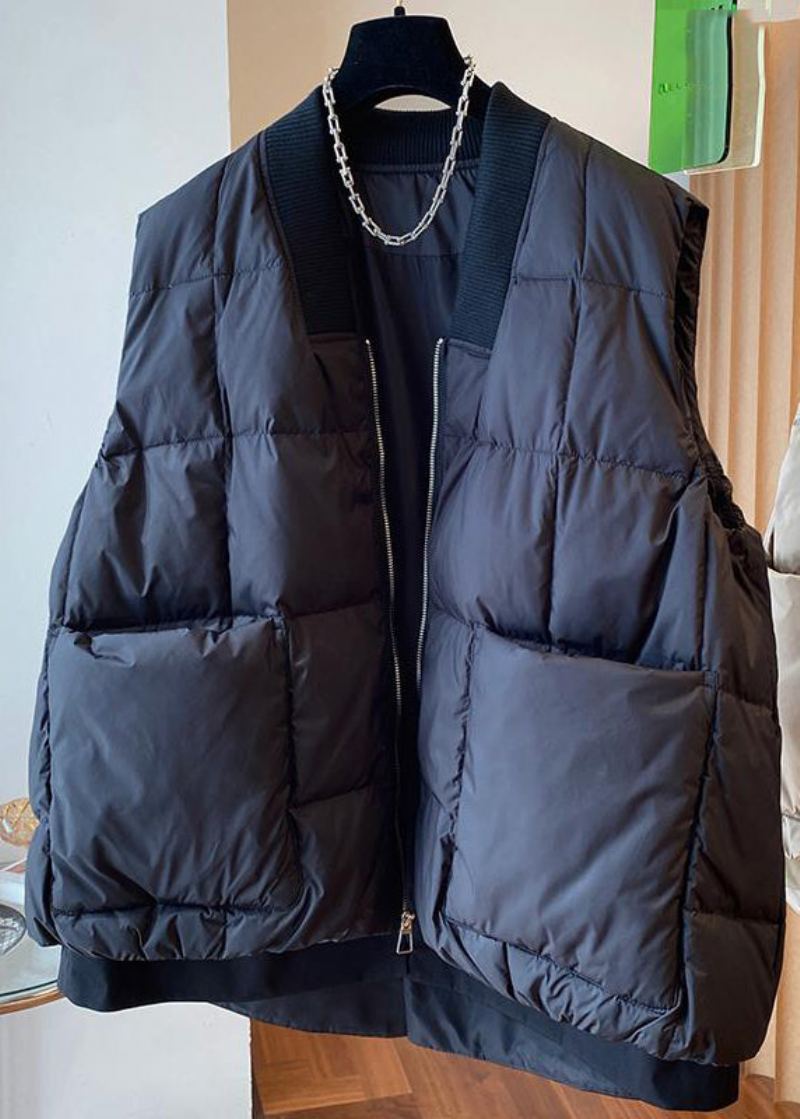 Boutique Gilet En Duvet De Canard Noir Avec Col En V Et Fermeture Éclair Sans Manches - Noir