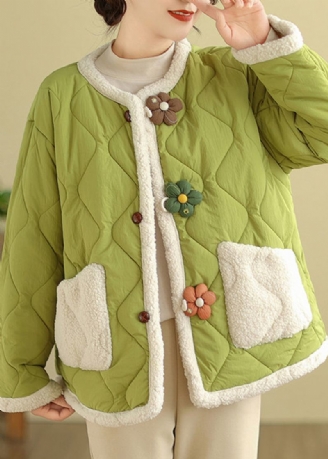 Boutique Vert Col Rond Poches Polaire Doublure En Laine Vestes Hiver