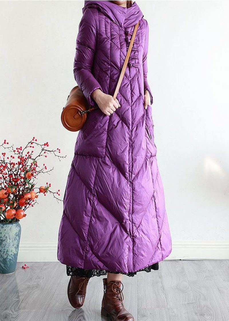 Bouton Oriental À Capuche Violet Moderne Allonger Le Manteau Doudoune En Duvet De Canard Hiver - Doudounes femmes