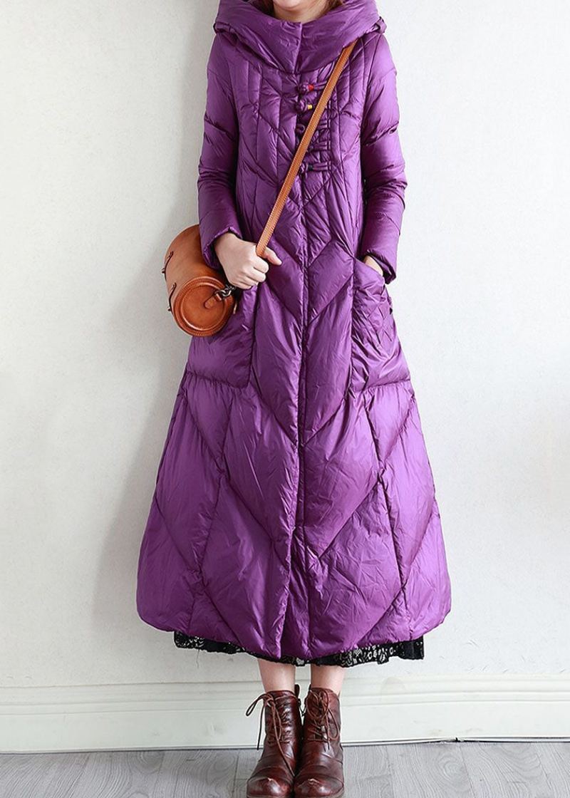 Bouton Oriental À Capuche Violet Moderne Allonger Le Manteau Doudoune En Duvet De Canard Hiver - Doudounes femmes