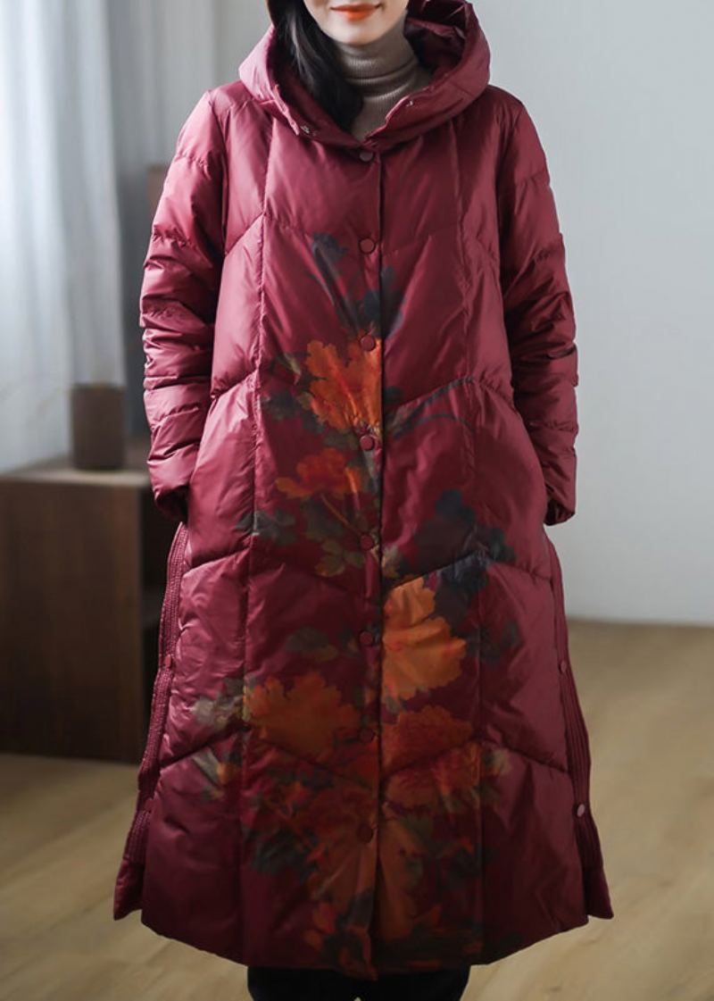 Bouton Rouge Chaud Polaire Épais Duvet De Canard Long Manteau Hiver - Rouge