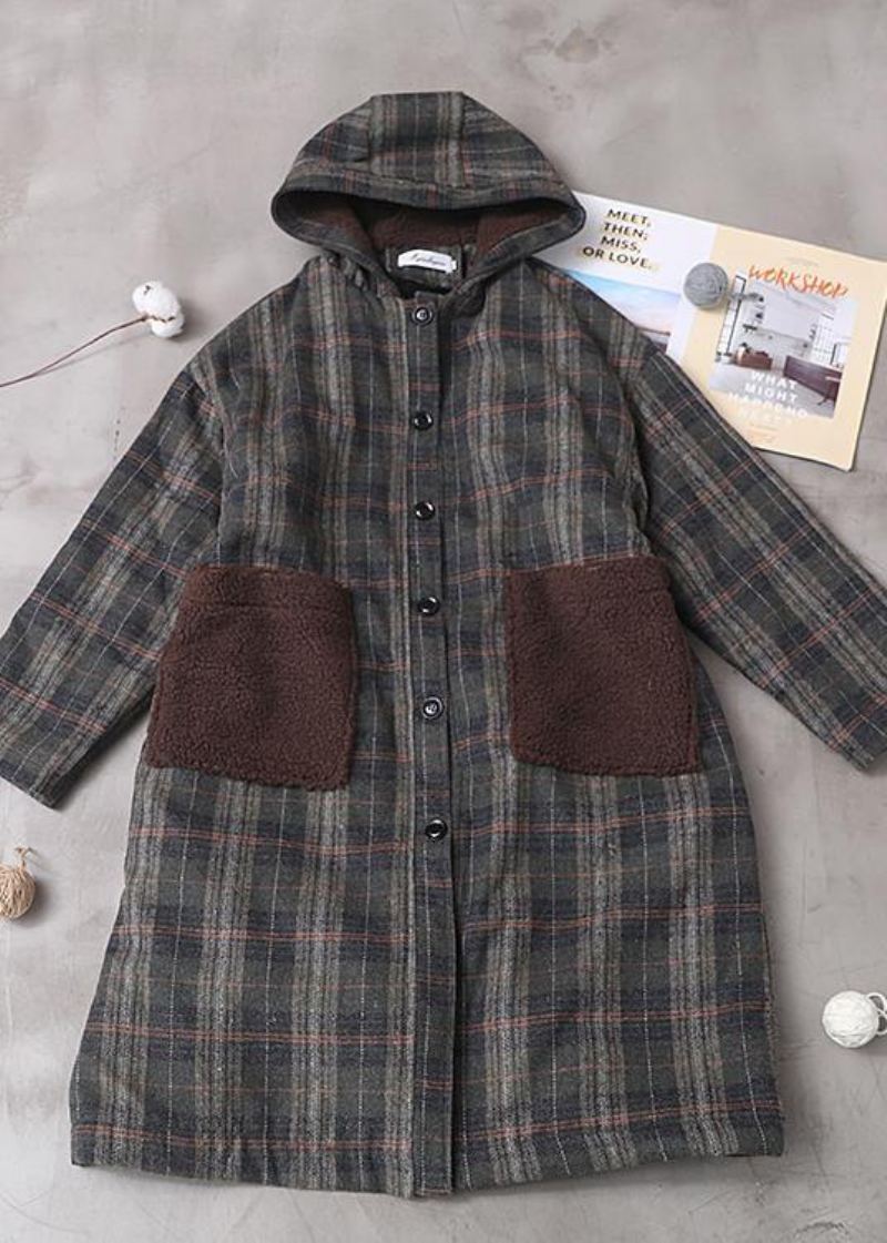 Bricolage Patchwork Poches Fine À Capuche Maxi Manteau Vert Plaid Tunique Vestes - Doudounes femmes