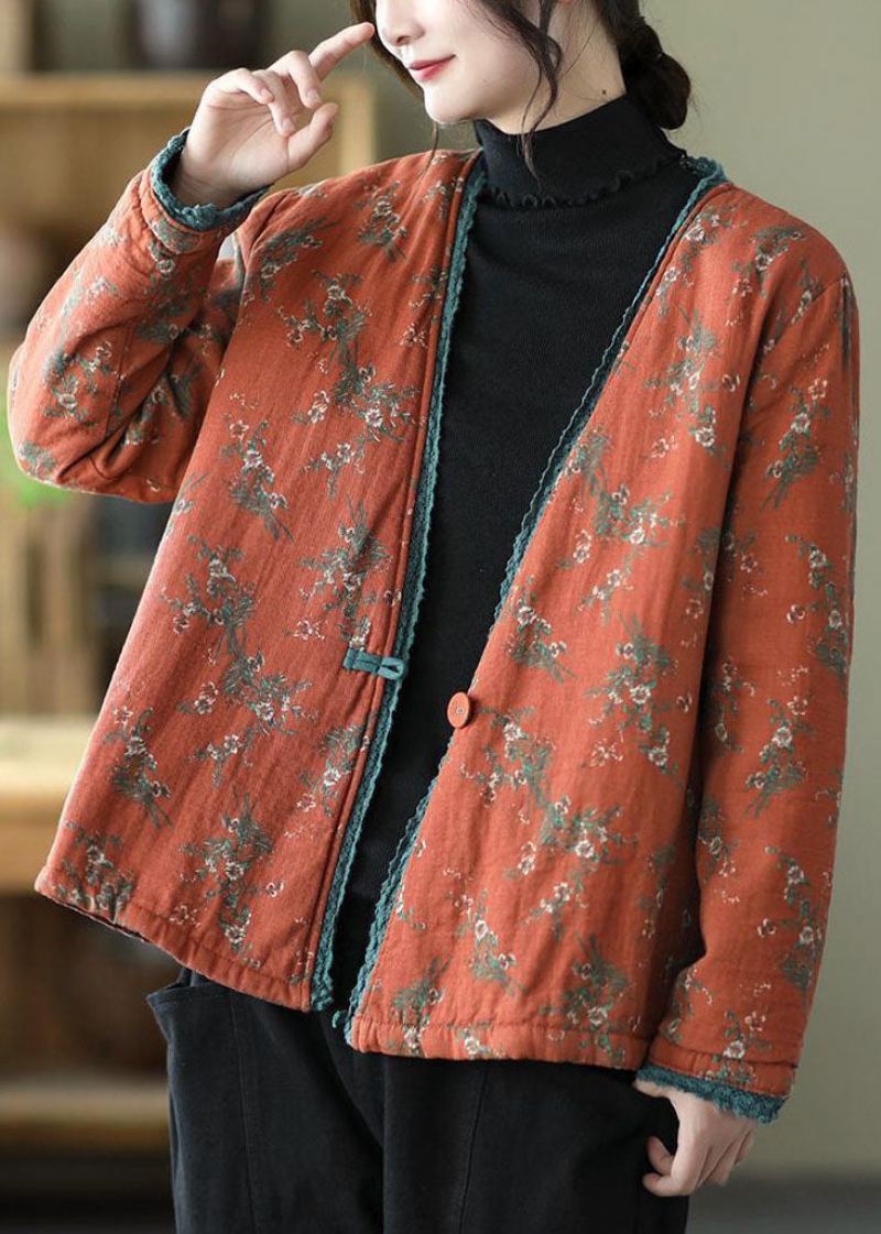 Cardigan Vintage Orange Col En V Imprimé Coton Fin Rempli Hiver - Doudounes femmes