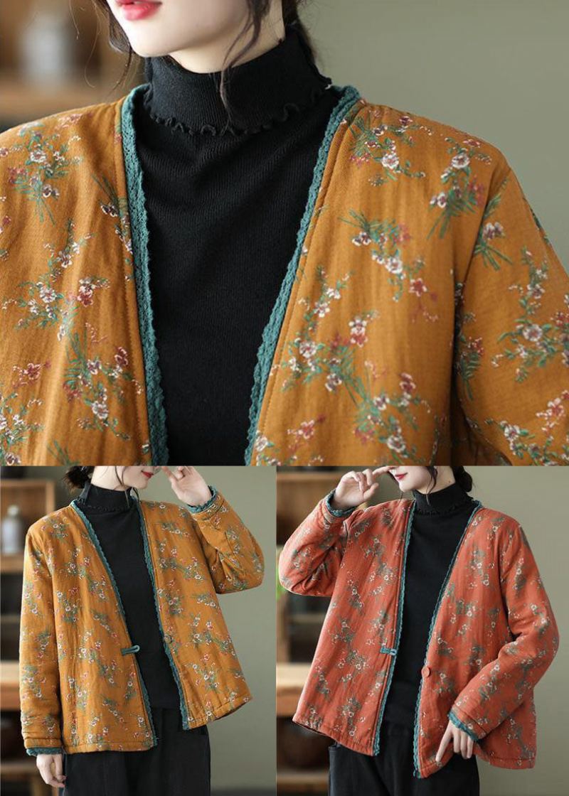 Cardigan Vintage Orange Col En V Imprimé Coton Fin Rempli Hiver - Doudounes femmes