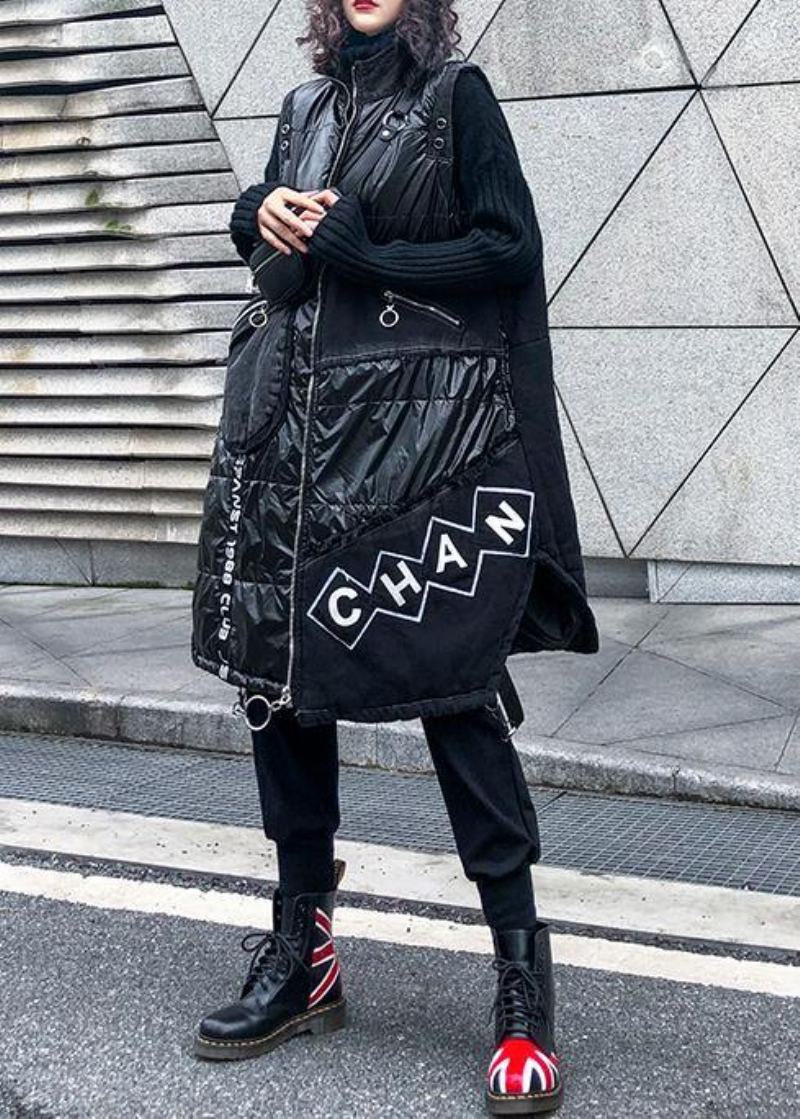 Chaud Grande Taille Vêtements D'hiver Noir Col Montant Sans Manches Patchwork Parkas - Doudounes femmes