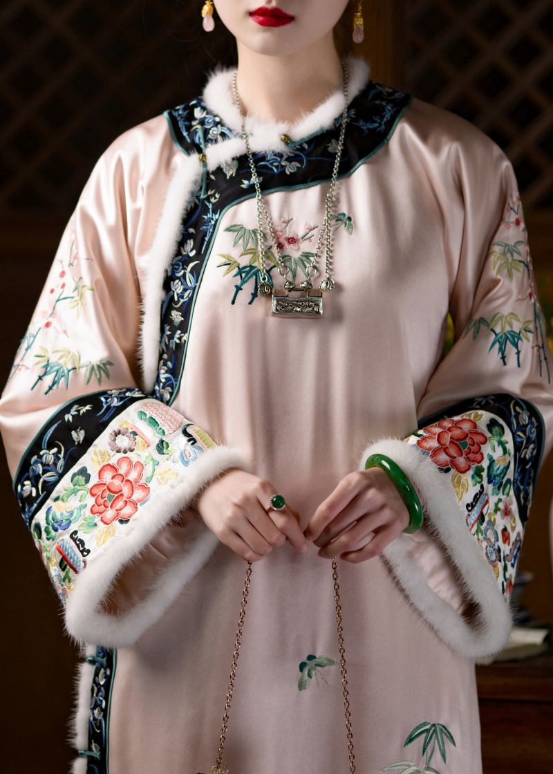 Cheongsam À Manches Longues En Soie Épaisse Brodée Florale Mignonne À Col Rond - Doudounes femmes