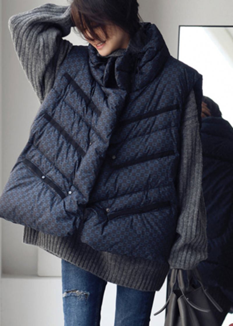 Chic Bleu Col Montant Cordon Imprimé Bouton Duvet De Canard Rempli Gilet Hiver - Doudounes femmes