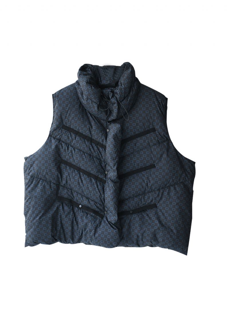 Chic Bleu Col Montant Cordon Imprimé Bouton Duvet De Canard Rempli Gilet Hiver - Doudounes femmes