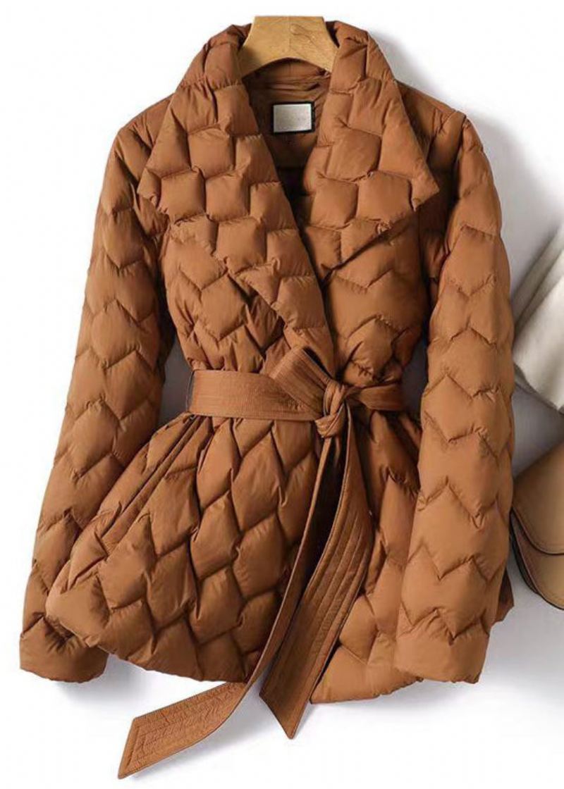 Chic Caramel Cranté Cravate Taille Mince Manteau En Coton Hiver