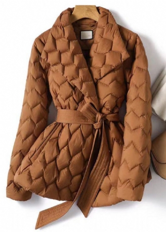 Chic Caramel Cranté Cravate Taille Mince Manteau En Coton Hiver