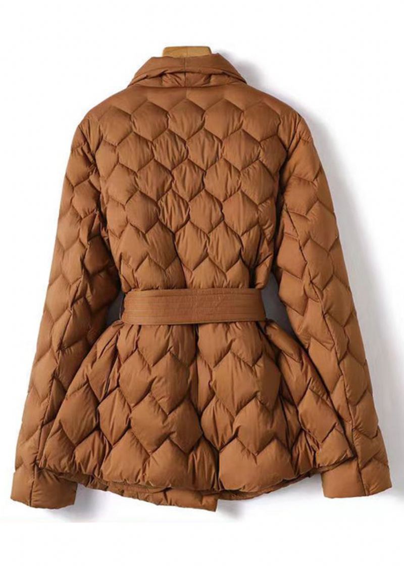 Chic Caramel Cranté Cravate Taille Mince Manteau En Coton Hiver - Doudounes femmes