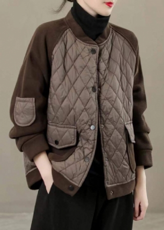 Chic Chocolat Col Montant Poches Patchwork Fin Coton Rempli Vestes Hiver