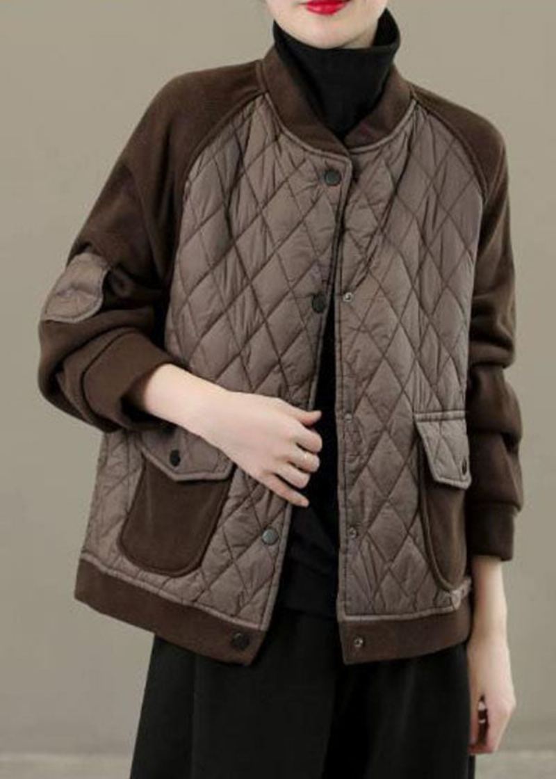 Chic Chocolat Col Montant Poches Patchwork Fin Coton Rempli Vestes Hiver - Doudounes femmes