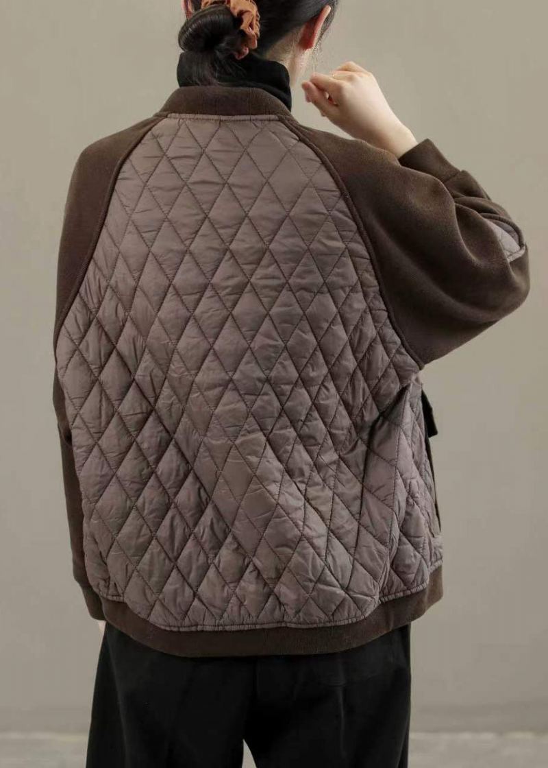 Chic Chocolat Col Montant Poches Patchwork Fin Coton Rempli Vestes Hiver - Doudounes femmes