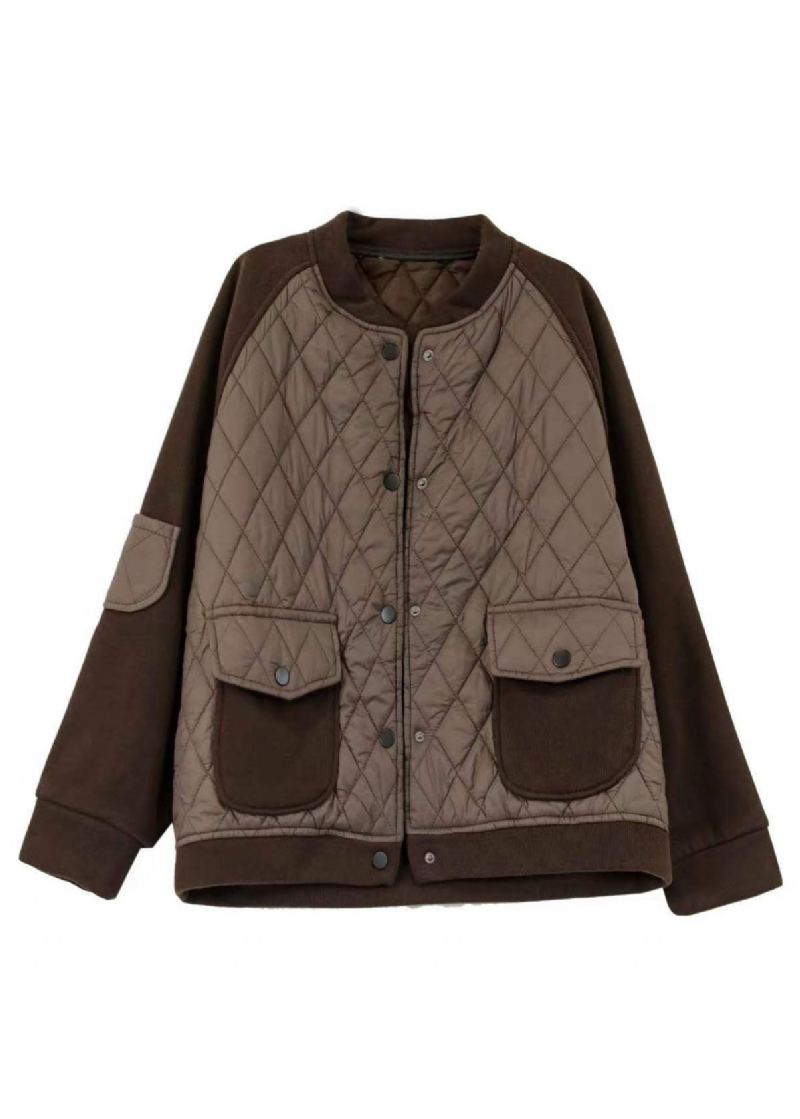 Chic Chocolat Col Montant Poches Patchwork Fin Coton Rempli Vestes Hiver - Doudounes femmes