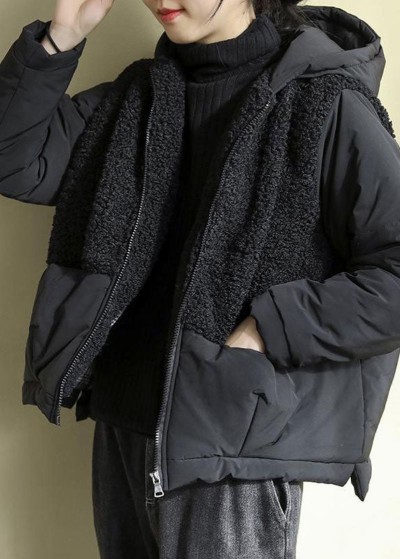 Chic Noir À Capuche Patchwork Zippé Fausse Fourrure Parkas Hiver