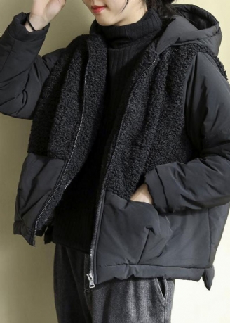 Chic Noir À Capuche Patchwork Zippé Fausse Fourrure Parkas Hiver