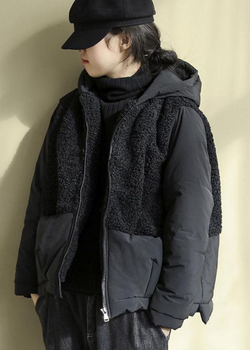 Chic Noir À Capuche Patchwork Zippé Fausse Fourrure Parkas Hiver - Doudounes femmes