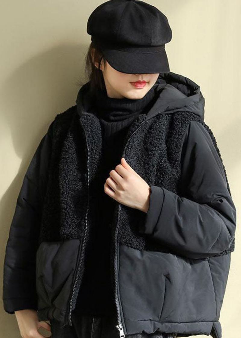 Chic Noir À Capuche Patchwork Zippé Fausse Fourrure Parkas Hiver - Doudounes femmes