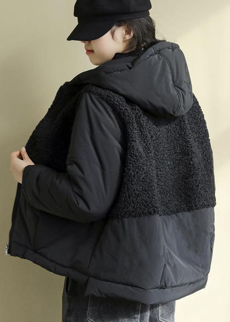 Chic Noir À Capuche Patchwork Zippé Fausse Fourrure Parkas Hiver - Doudounes femmes