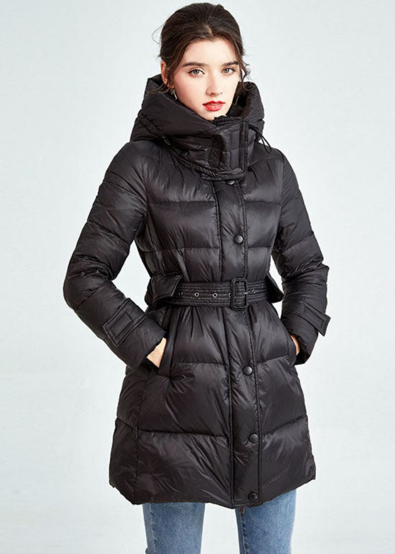 Chic Noir À Capuche Poches Avec Cordon De Serrage Fin Duvet De Canard Parka Hiver - Doudounes femmes