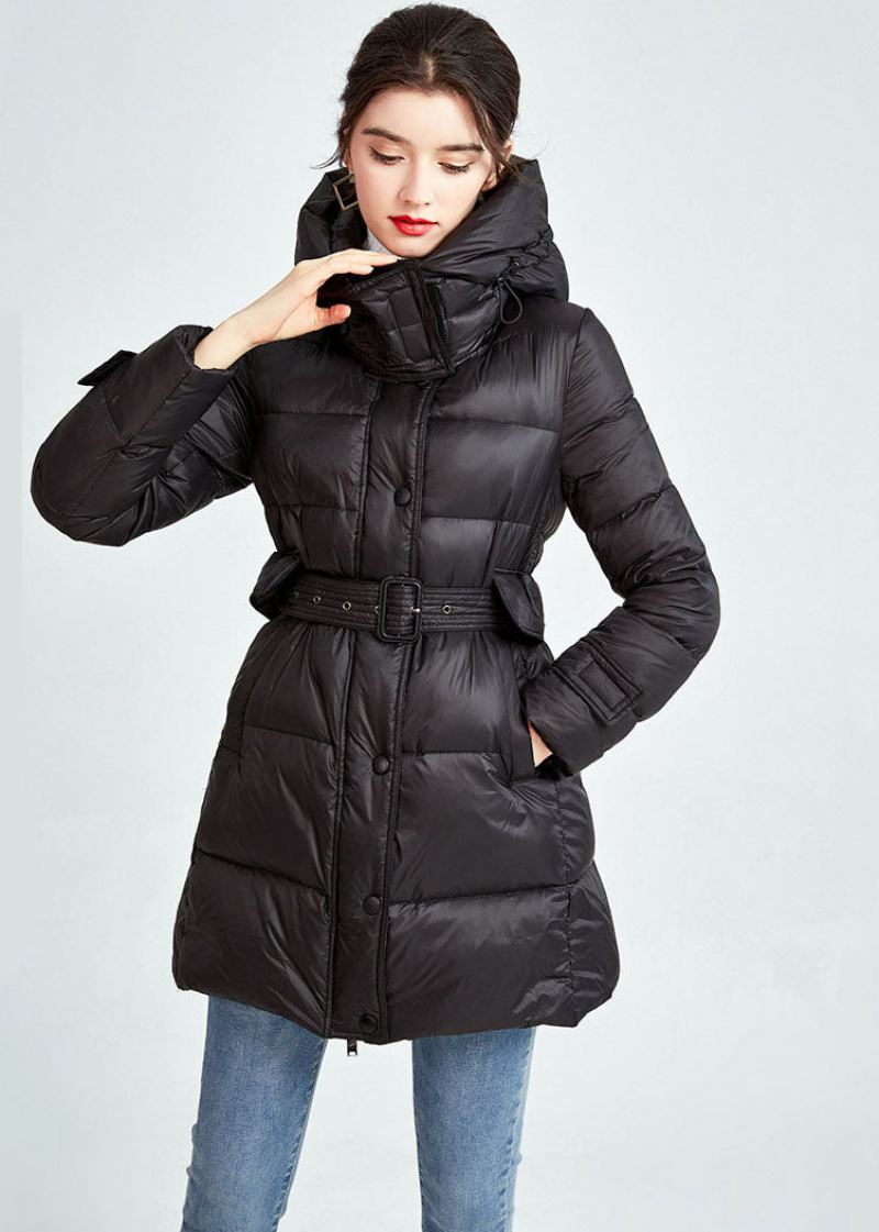 Chic Noir À Capuche Poches Avec Cordon De Serrage Fin Duvet De Canard Parka Hiver - Doudounes femmes