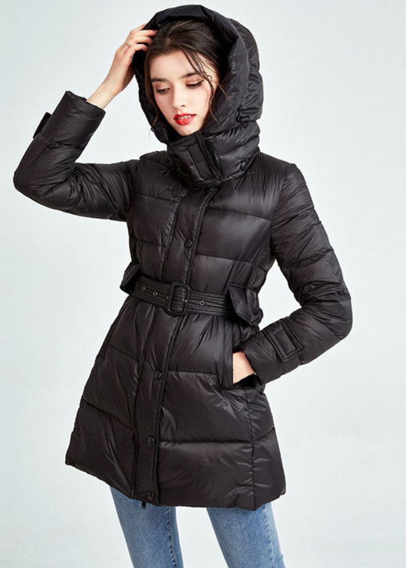 Chic Noir À Capuche Poches Avec Cordon De Serrage Fin Duvet De Canard Parka Hiver - Doudounes femmes