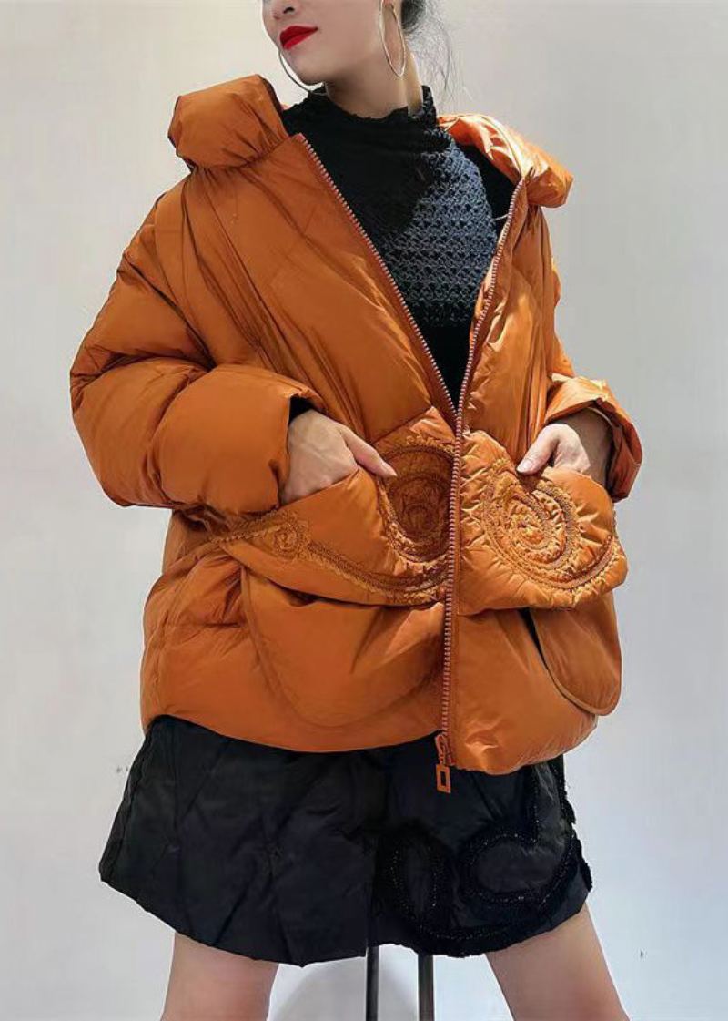 Chic Orange Zip Up Poches Patchwork Canard Vers Le Bas Manteaux D'hiver