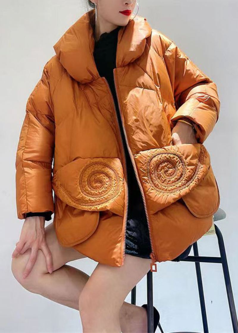 Chic Orange Zip Up Poches Patchwork Canard Vers Le Bas Manteaux D'hiver - Doudounes femmes