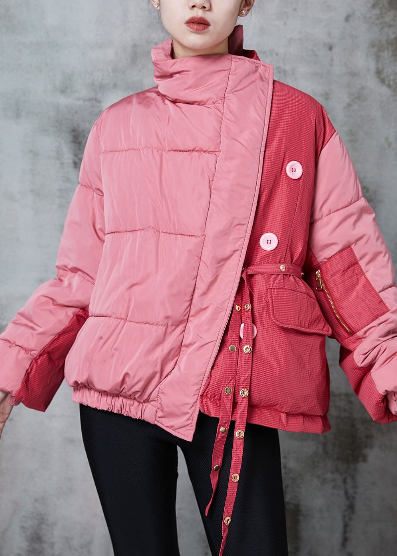 Chic Rose Asymétrique Patchwork À Lacets Veste Parka Remplie De Coton Fin Hiver