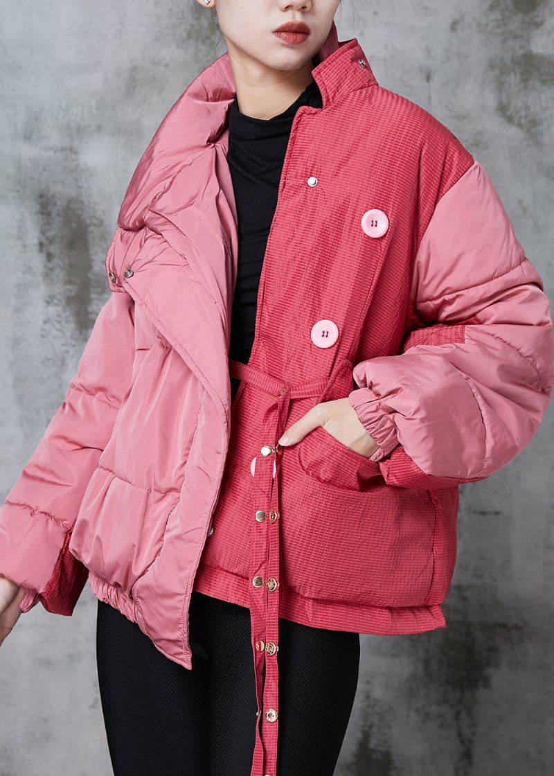 Chic Rose Asymétrique Patchwork À Lacets Veste Parka Remplie De Coton Fin Hiver - Doudounes femmes