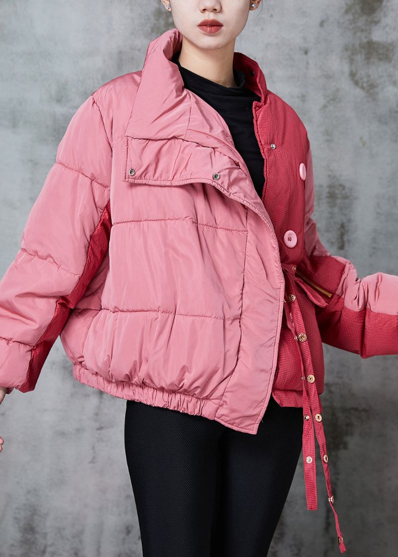 Chic Rose Asymétrique Patchwork À Lacets Veste Parka Remplie De Coton Fin Hiver - Doudounes femmes