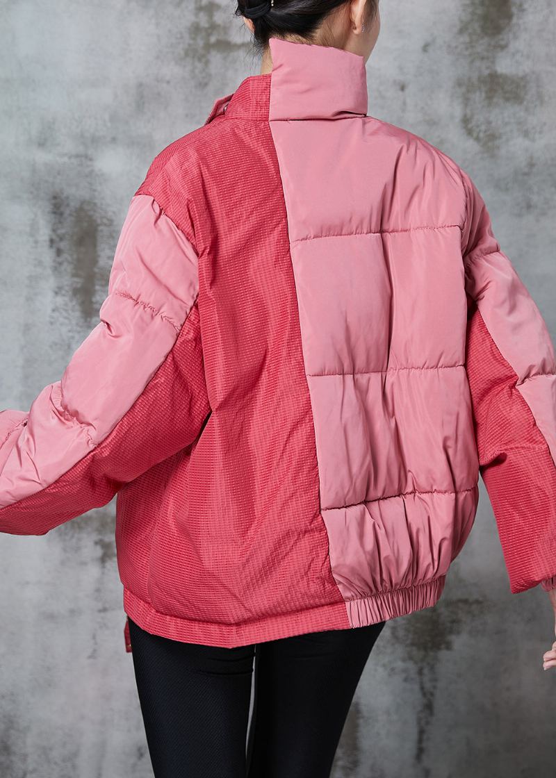 Chic Rose Asymétrique Patchwork À Lacets Veste Parka Remplie De Coton Fin Hiver - Doudounes femmes